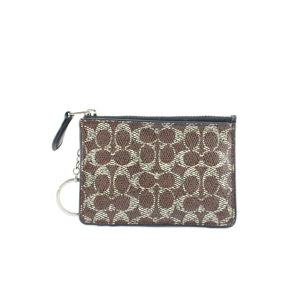 Coach Signature Zip Card Holder Coin Purse Key Ring Wallet